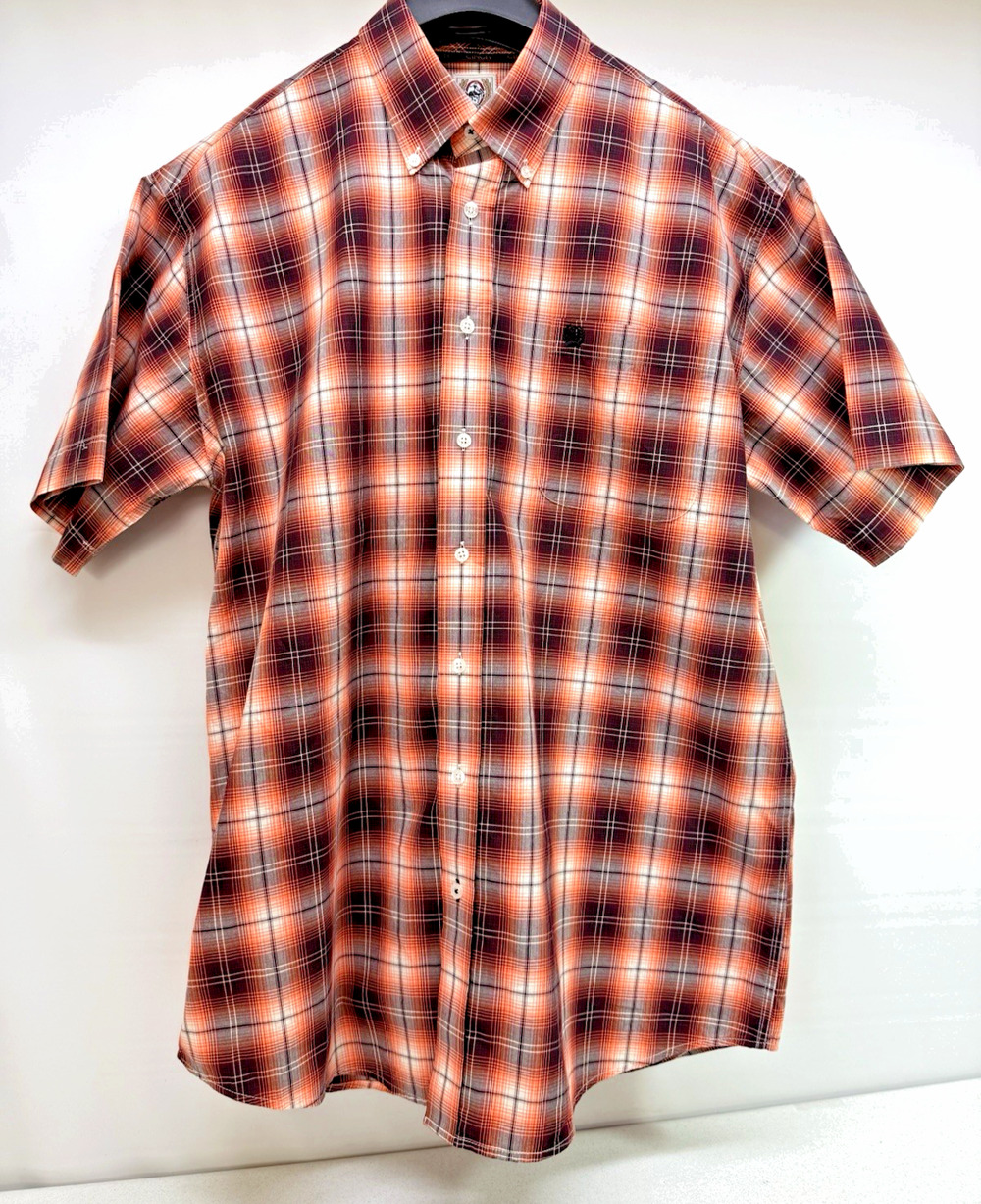 CINCH Men's (LG) Short Sleeve Western Shirt Orange / Brown Plaid Cotton Button